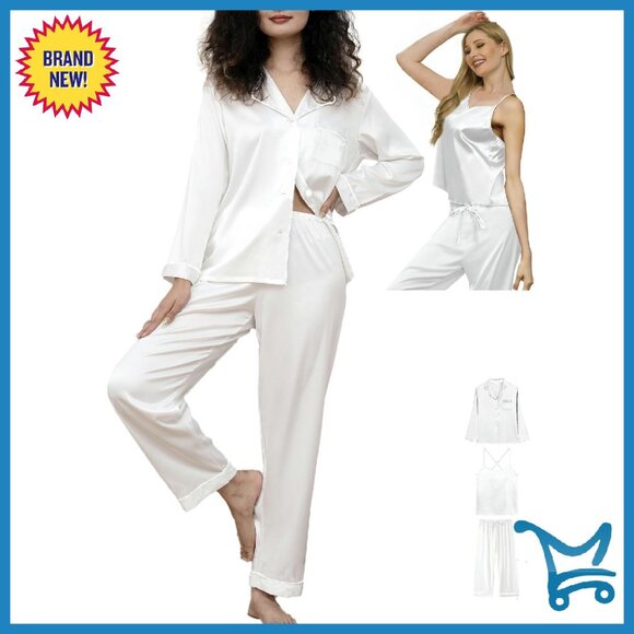 Silk Satin Pajama Set with Cami Top 3-Piece Sleepwear Loungewear